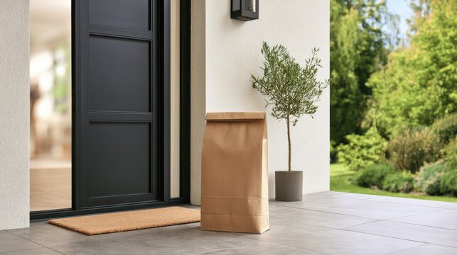 A paper bag delivery is left outside a modern black front door on a clean porch with a potted plant and a doormat.