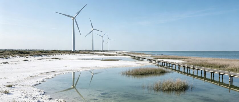 Coastal on‑shore wind farm, great for sustainability publications, eco‑project web banners, climate‑policy presentations and environmental editorial stock images.