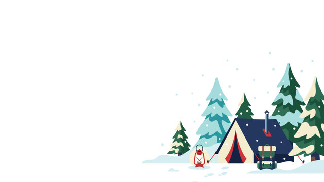 Minimal winter camping scene with tent, camper van and dog in snowy pine forest.