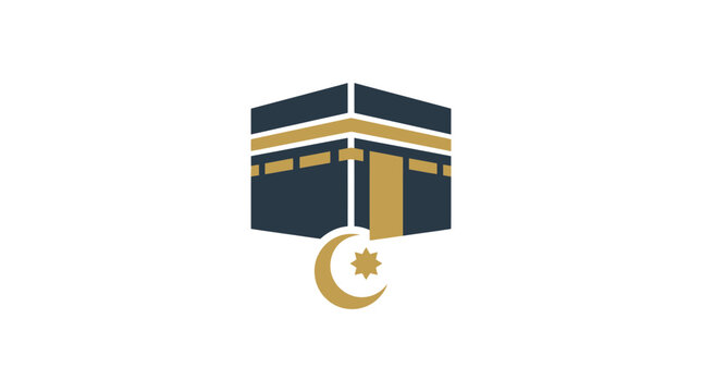 Kaaba holy site vector icon with black and gold geometric elements including crescent moon and star for pilgrimage and hajj makkah journey illustrations.