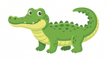 Fototapeta premium A friendly cartoon green crocodile with a big smile, standing on a white background.