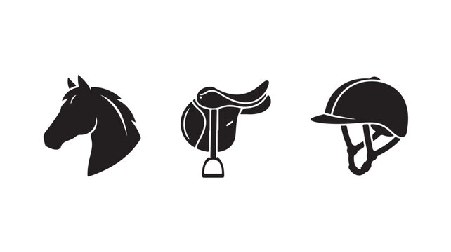 Equestrian silhouette icons featuring horse head riding saddle and safety helmet displayed in vector style