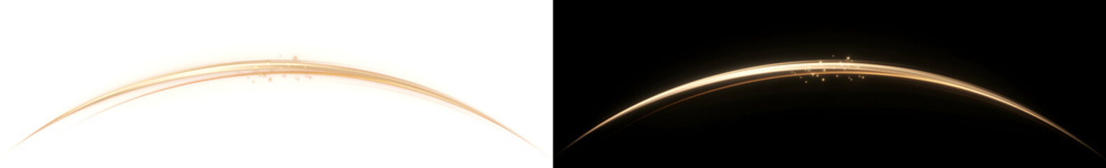 Golden arch light line curving broadly with layered rays and sparkling star accents, ideal for luxury banner and header designs, offered in PNG, Transparent and Black Background © Crafter