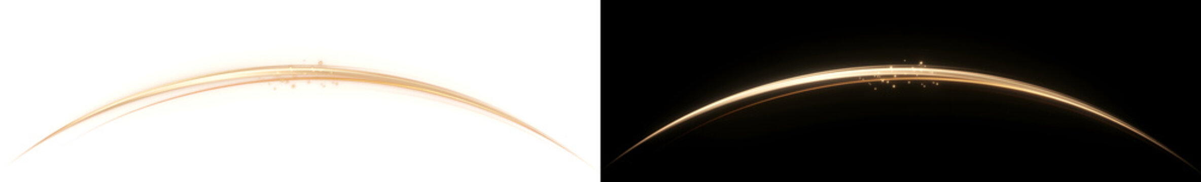 Golden arch light line curving broadly with layered rays and sparkling star accents, ideal for luxury banner and header designs, offered in PNG, Transparent and Black Background