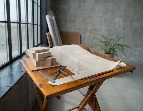 Vintage drafting table with architectural plans and tools.