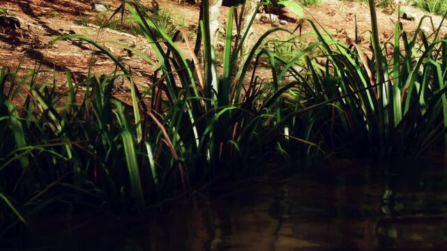 Green grass grows along the edge of a stream with clear water reflecting light. The scene shows a natural area filled with greenery and soft sunlight during the day.