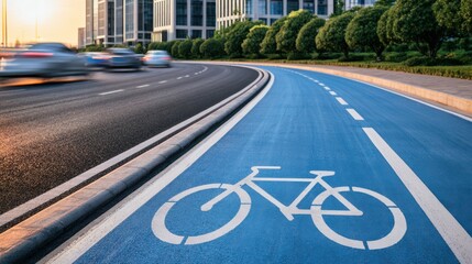 Obraz premium A blue bike lane curves along a busy urban road lined with trees and buildings during sunset, with cars speeding by on the adjacent lanes.