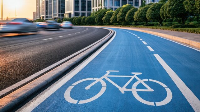 A blue bike lane curves along a busy urban road lined with trees and buildings during sunset, with cars speeding by on the adjacent lanes.