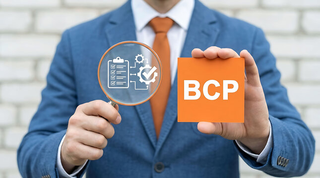 Businessman holding BCP business continuity plan card and magnifying glass