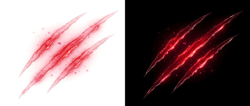 Red claw scratch marks slashing diagonally with glowing energy and scattered particles, ideal for gaming and monster themed visuals, offered in PNG, Transparent and Black Background