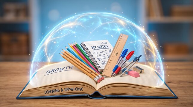 Open book with stationery items under glowing magic sphere, education and growth concept with learning supplies, symbols of knowledge and study, academic tools and glowing aura