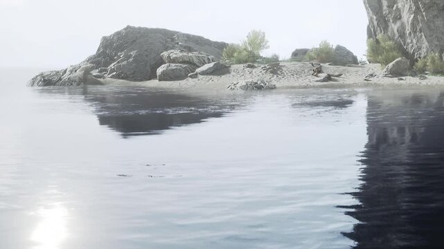 A rocky coastline is seen with gentle waves and still water. Some small plants grow near the edge. The scene shows a bright sky and the suns reflection on the surface of the water.