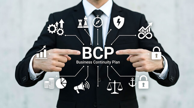 Businessman showing BCP Business Continuity Plan strategy management concept