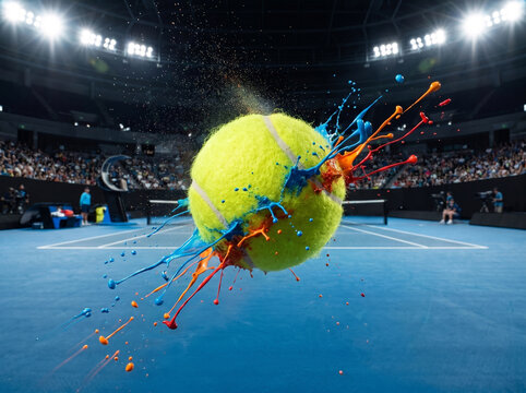 Tennis ball exploding with colorful paint midair on stadium court.