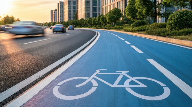 A bright blue bike lane runs alongside a busy urban road with cars in motion and tall buildings in the background during sunset.