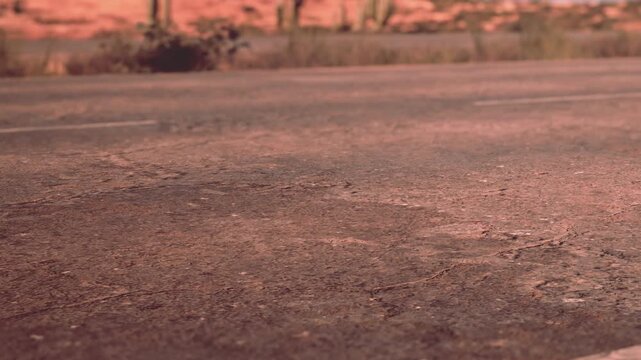A close view of a cracked road shows rough surface under the bright sunlight in a desert area. Cacti and dry plants are visible in the background, typical of Arizona.