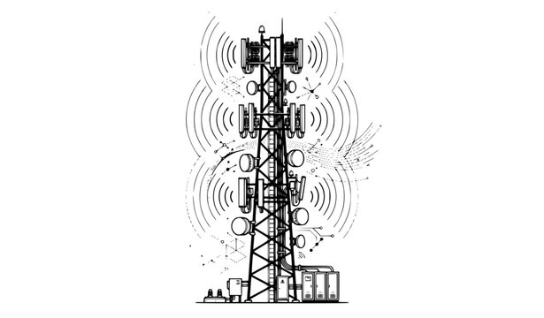 5G 4G 3G cellular communication tower antenna vertical black white vector