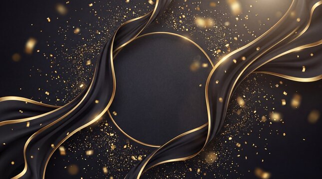 Black wavy fabric with gold trim and floating confetti particles on a dark circular background with shimmering golden particles central circle shimmering elegant flowing