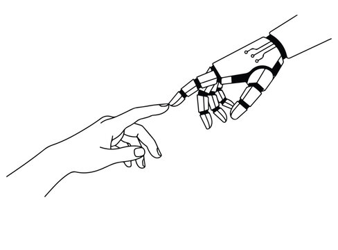Human hand touching robot hand in a simple black and white line art drawing representing the connection between man and machine