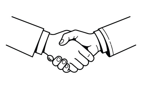 Black and white line art illustration of a professional business handshake isolated on a clean white background for corporate design