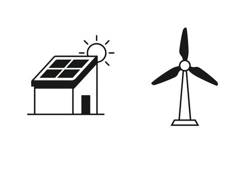Black silhouette icons of solar panel house and wind turbine representing sustainable renewable green energy power sources for environment
