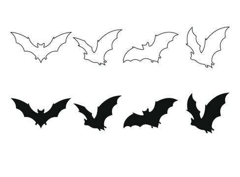 Set of black bat silhouettes and outline icons flying in different poses isolated on a white background for halloween design projects
