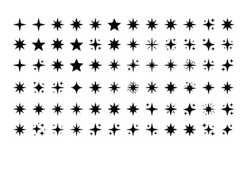 Set of black star and sparkle icons for design projects isolated on a white background