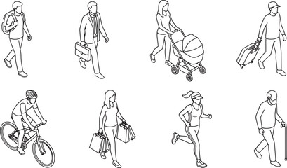 Obraz premium Isometric set of diverse people walking and performing daily activities