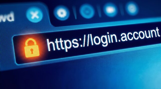 A web browser address bar displaying a secure login url with a glowing orange padlock icon with close view digital authentication cybersecurity