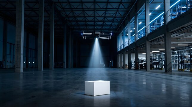 Autonomous drone scanning a cardboard box inside a dark logistics warehouse
