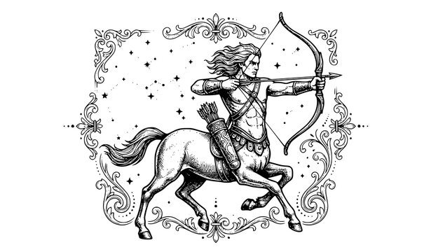 Sagittarius Centaur Archer Zodiac Symbol Antique Astrology Engraving Vector