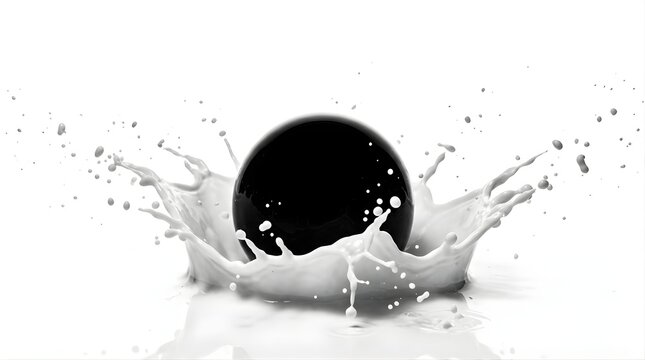 Black sphere splashing into white liquid against a white background