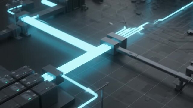 Technical electrical distribution animation showing current moving through transformer, switchgear, UPS, distribution branches, server racks, and compute nodes.