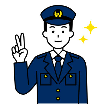 ピースサインをする男性警察官