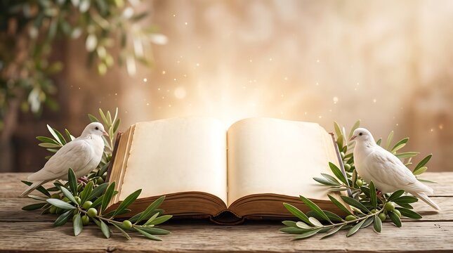 Holy Bible with white doves and olive branches, religious faith and peace concept, christian spirituality, spiritual light and divine inspiration, worship imagery
