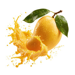 Naklejka premium Ripe mango with tropical leaves and juice splash captured in bright light in a kitchen setting