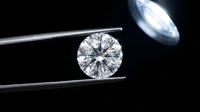 Brilliant Cut Diamond Held by Tweezers Under Spotlight Against Black