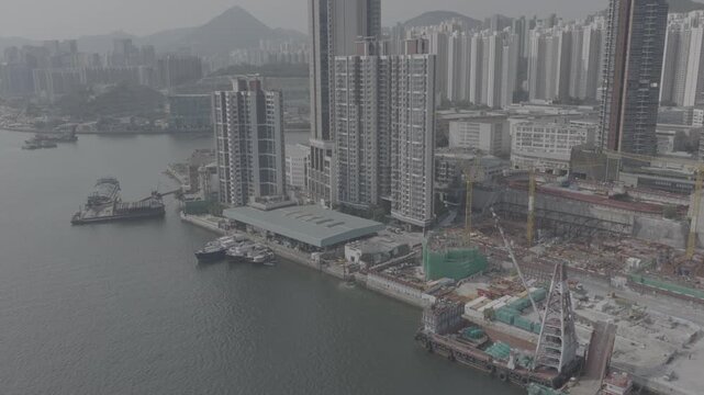Aerial Drone View of Tseung Kwan O Waterfront Residential Buildings Hong Kong D-Log 4K