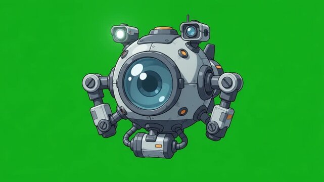 Futuristic spherical surveillance robot with camera lens isolated on green screen background