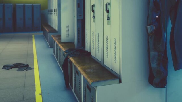 A spacious locker room features wooden benches and rows of metal lockers. Some clothes are draped over the benches, and the bright swimming pool area is nearby.
