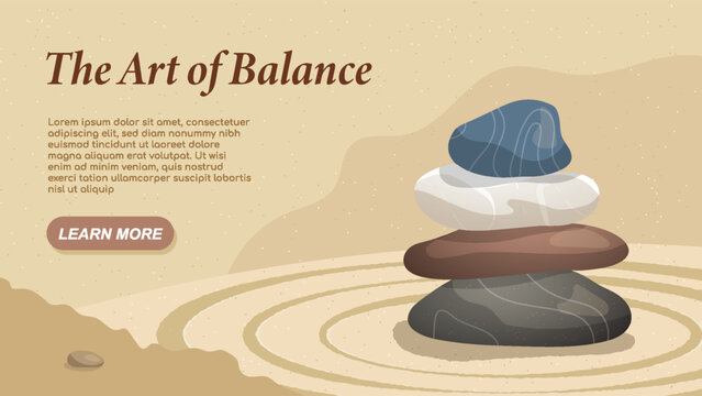 Vector illustration of mindfulness and inner balance concept with stacked zen stones, calm sand pattern and text The Art of Balance and Learn More 