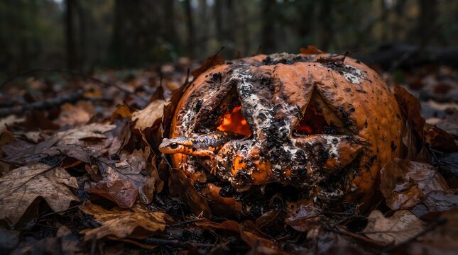 A realistic photo of a decaying, carved Halloween pumpkin resting on wet autumn leaves in a dark forest. A spotted orange and black salamander emerges from the glowing jack-o'-lantern, creating a s...