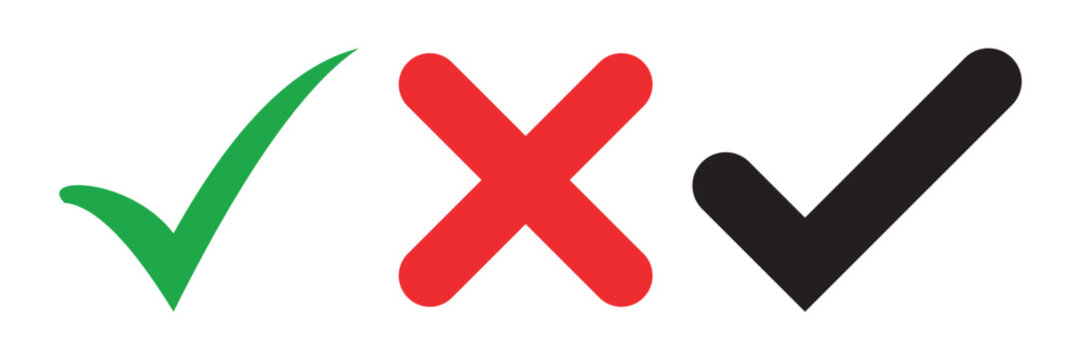 Sharp green checkmark and red cross on isolated white background vector symbol for right and wrong choices. Modern flat design, Checkmark icon set. Checkmark right symbol tick sign