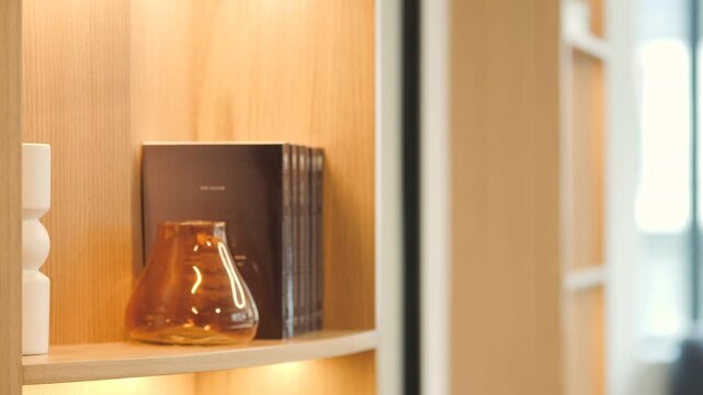 The image goes from being softly blurred to being clearly defined: a light wooden shelf with integrated lighting can be distinguished