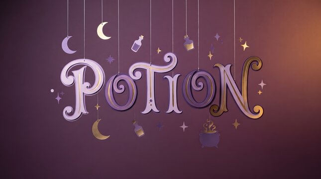 Whimsical 3D digital illustration of the word POTION written in elegant, stylized typography hanging from strings. Surrounded by magical elements like crescent moons, stars, small bottles, and a ca...