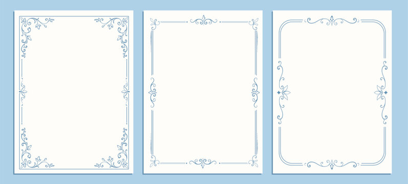 Vector illustration of three minimal vintage decorative frames with elegant floral corners and thin blue borders on white backgrounds