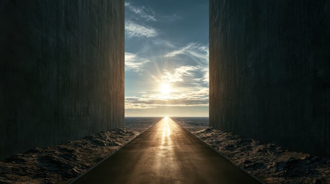 Sunrise view through narrow dark concrete walls with long straight road leading towards bright glowing sun on cloudy sky horizon in surreal dramatic landscape scene