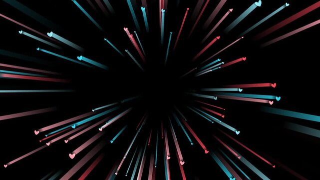 Abstract dark background with glowing neon pink and blue hearts flying in a seamless warp speed loop. Perfect for romantic Valentine's Day motion graphic video designs.