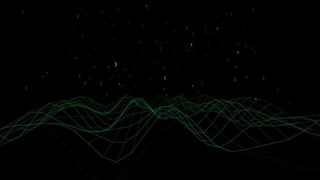 Abstract black cyberspace background with green wireframe waves and falling binary code matrix. This seamless 3D motion graphic loop is perfect for tech video designs.