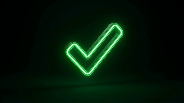 Glowing Green Neon Check Mark Sign Floating in Dark Room